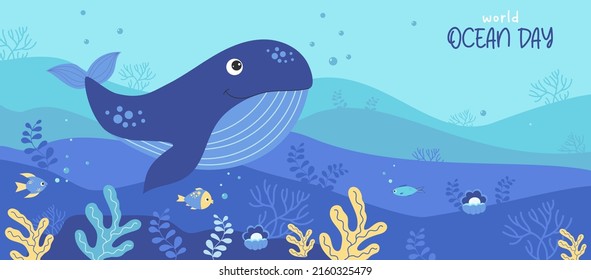 Cute blue whale, fish and corals. Horizontal tropical poster with landscape of underwater world and marine animals. World Ocean Day June 8. Vector illustration for design, decor, flyer, advertisements