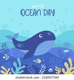 Cute blue whale, fish and corals. World Ocean Day June 8. Tropical square poster with landscape of underwater world and marine animals. Vector illustration for design, decor, flyer, advertisements