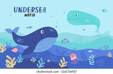 Cute blue whale, fish, jellyfish and corals. Horizontal tropical poster with a landscape of the underwater world and sea animals, underwater day. World Ocean Day. Vector illustration for design, decor