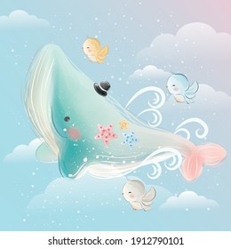 Cute Blue Whale Flying in the Sky 