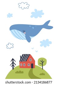 Cute blue whale flying in the sky above the little house. Baby print.