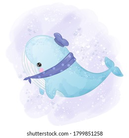 Cute blue whale with hat and scarf accesories