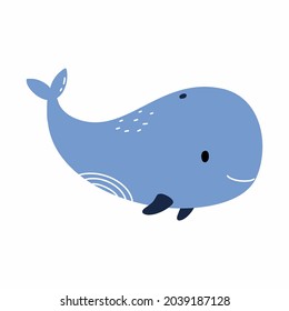 Cute blue whale indoodle style. Vector illustration for baby. Childish book. Element for printing on T-shirt.