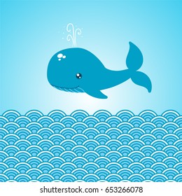 Cute blue whale on a blue background with a pattern of waves