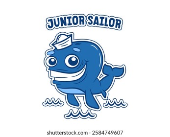 Cute blue whale in sailor hat. Cartoon marine character for kids' prints, stickers, and educational materials. Vector illustration