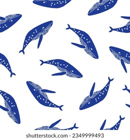 Cute blue whale seamless pattern on white background. Underwater world, deep sea repeat pattern. Humpback whale hand drawn illustration.