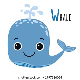 Cute blue whale with sign. W letter learning. Cartoon style. Vector isolated on white background.