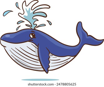 
Cute blue whale swimming among starfishes and fishes in sea or ocean. Giant underwater animal. Childish colored flat vector illustration isolated on white background