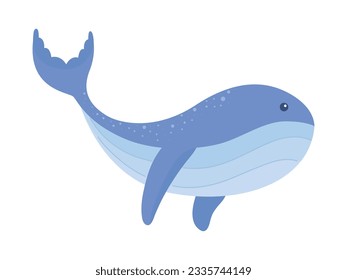 Cute blue whale swimming. Giant underwater animal. Childish colored flat vector illustration isolated on white background.