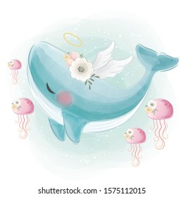 Cute Blue Whale Swimming with the Jellyfishes