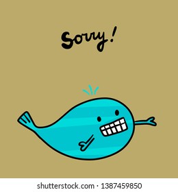 Cute blue whale textured hand drawn illustration with lettering. Cartoon minimalism style on brown font