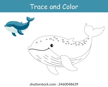 Cute blue whale undersea, sea life trace and coloring book or coloring page. Vector illustration