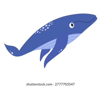 Cute blue whale vector. Cartoon whale in flat style. Sea animal for kids clothes, pattern, poster, stickers and print. Illustration in flat style