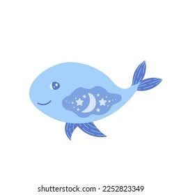 Cute blue whale vector illustration. Funny childish celestial whale, fish with stars and moon for sleepwear, nursery wall art, greeting cards, kids accessory