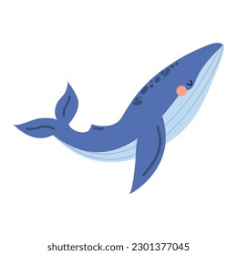 Cute blue whale. Vector illustration of a beautiful whale. Sea animal. Children's illustration in cartoon style. Underwater life. White isolated background.
