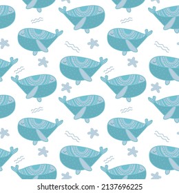 cute blue Whale vector seamless pattern. Cute ocean creatures background. Marine scandinavian decorative childish design for kids fabric.