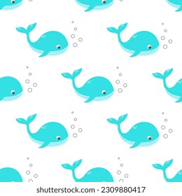 Cute blue whale vector seamless pattern. Sea life childish flat cartoon background. Marine animal summer textiles