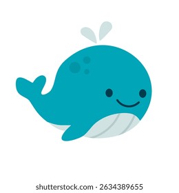 Cute blue whale with water splash and friendly face, designed for children's ocean-themed projects and educational materials