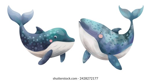 cute blue whale watercolor illustration