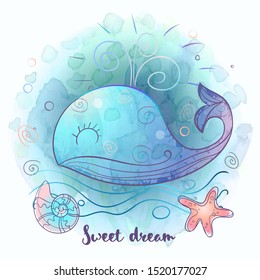 Cute blue whale. Watercolor.  Vector illustration.