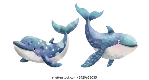 Cute blue whale watercolor vector illustration 