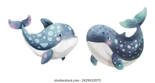 Cute blue whale watercolor vector illustration 