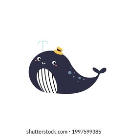 A cute blue whale with cute yellow hat swimming in ocean cartoon character for children scrapbook decorating isolated flat vector illustration. Hello summertime. Happy vacation on the beach.