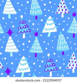 Cute blue and white Christmas trees seamless pattern. Holiday season winter snowy forest fun repeat pattern. Hand drawn illustration.