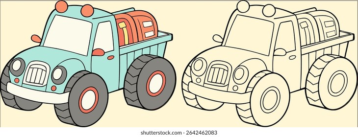 Un lindo camión de Vector de color azul y blanco sobre fondo amarillo