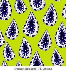 cute blue and white doodles drops seamless pattern on green bright background, for decoration