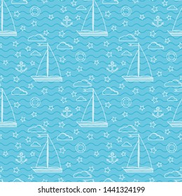 Cute blue and white line art vector seamless marine pattern with two sails sailboat, clouds, anchor, lifebuoy on sea wave  background. Endless texture for web, covers, decoration, children's design.