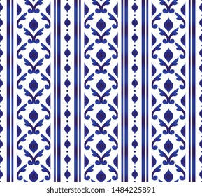 Cute blue and white pattern Arabic style, Seamless porcelain indigo, Beautiful ceramic background, floral backdrop for design floor, texture, fabric, paper, Islamic wallpaper decor vector illustration