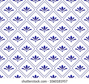 Cute blue and white pattern, Seamless porcelain indigo decor vector, Beautiful ceramic background, floral backdrop for design floor, wallpaper, texture, fabric, paper