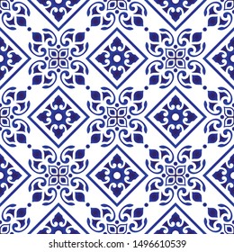 Cute blue and white pattern, Seamless porcelain indigo decor, Beautiful ceramic background, abstract floral backdrop for design floor, wallpaper, tile, texture, fabric, paper, vector illustration