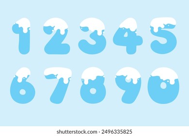 Cute blue and white snow cartoon number for kids, from zero to nine. Vector illustration.	