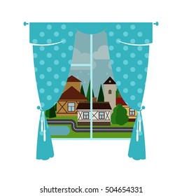 Cute blue window curtain with rainy city landscape. Vector illustration