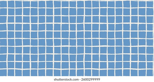 Cute blue windowpane check seamless vector pattern, irregular painted plaid with wavy textured lines 