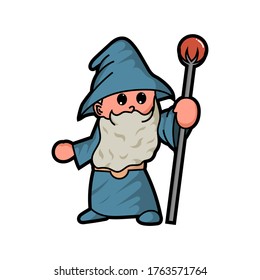 Cute blue wizard and the magic staff