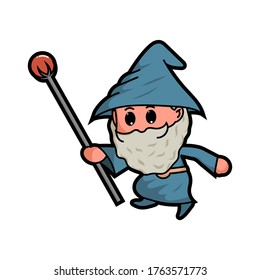 Cute blue wizard and the magic staff