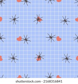 Cute Blue Wrapping Paper With Little Red Hearts And Black Spiders, Prank Gift Wrap Design For Friends, Spider Lover Funny Seamless Pattern Print