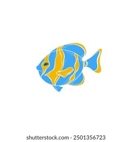 Cute blue and yellow color fish . Hand drawn elements. Sea animals. Vector doodle cartoon set of marine life objects for your design.