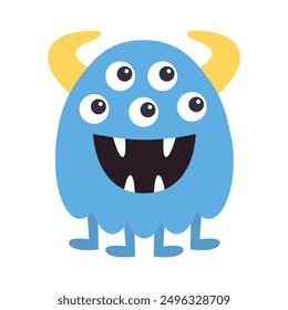 Cute blue yellow monster standing. Happy Halloween. Monsters silhouette icon. Five eyes, smiling face. Cartoon kawaii funny baby character. Childish style Flat design. Isolated White background Vector