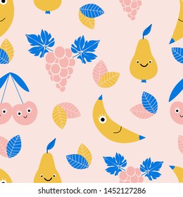 Cute blue, yellow and pink fruits and leaves in a seamless pattern design, that can be used both on the web or in print, for surface design