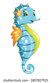 A cute blue yellow seahorse, design animal cartoon vector illustration