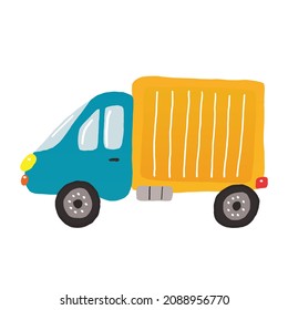 Cute blue and yellow truck for prints, posters, cardsand other designs. Colorful vector illustration