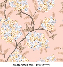 cute blue and yellow vector small flowers with leaves pattern on pink background