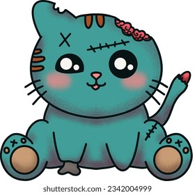 Cute Blue Zombie Cat Illustration