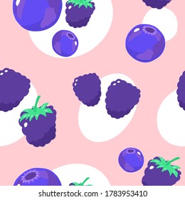 Típico arándano y moras en un fondo rosado. Ilustración de Berries. Decoración colorida en tonos pastel