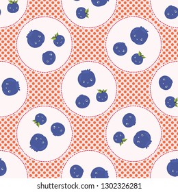 Cute blueberries polka dot vector illustration. Seamless repeating pattern. Hand drawn kawaii dotty blue berry background. 1950's style retro kitchen decor, kids textiles, 5aday fruit all over print.