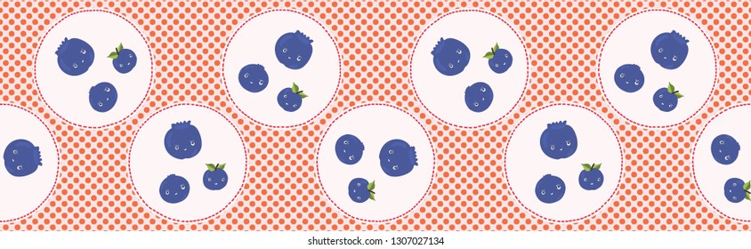 Cute blueberries polka dot vector illustration. Seamless repeating border. Hand drawn kawaii dotty blue berry background. 1950's style retro kitchen decor, kids textiles, 5aday fruit banner ribbon
